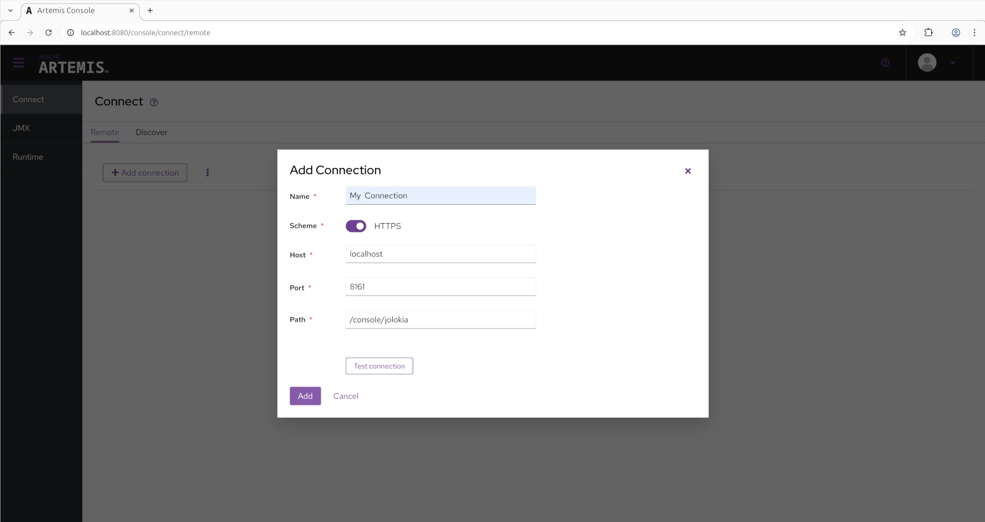 Apache Artemis Console Add Connection