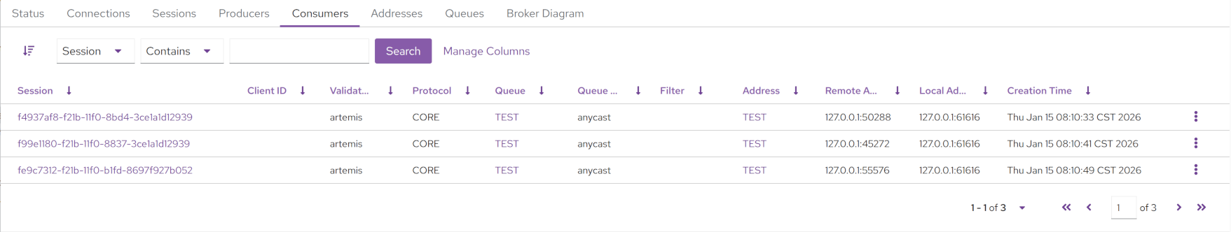 Apache Artemis Console Consumers Tab