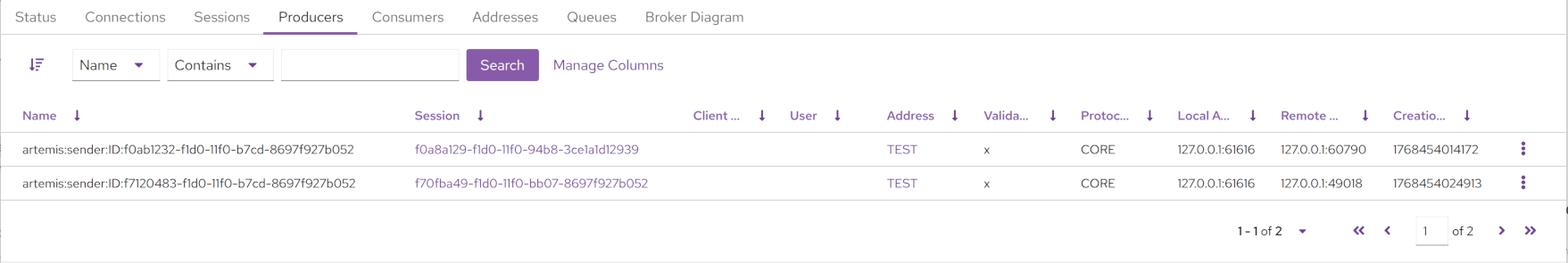 Apache Artemis Console Producers Tab